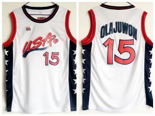 1996 Atlanta Olympic Games USA team dream three #15 Hakeem Olajuwon White Authentic Stitched USA Jersey