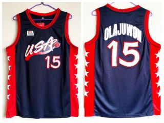 1996 Atlanta Olympic Games USA team dream three #15 Hakeem Olajuwon blue Authentic Stitched USA Jersey
