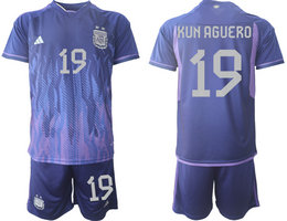 Argentina #19 KUN AGUERO Away 2022 World Cup National Soccer Jersey