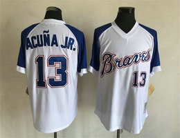 Atlanta Braves #13 Ronald Acuna Jr White Pullover Throwback Authentic Stitched MLB jersey