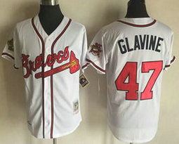 Atlanta Braves #47 Tom Glavine White With patch Throwback Authentic Stitched MLB Jersey