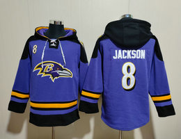 Baltimore Ravens #8 Lamar Jackson Purple 2023 All Stitched Hooded Sweatshirt