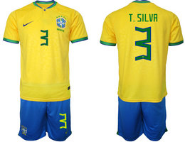 Brazil #3 T.SILVA Home 2022 World Cup National Soccer Jersey