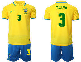 Brazil #3 T.SILVA Home 2022 World Cup National Soccer Jersey