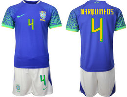 Brazil #4 MARQUINHOS Away 2022 World Cup National Soccer Jersey