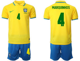 Brazil #4 MARQUINHOS Home 2022 World Cup National Soccer Jersey