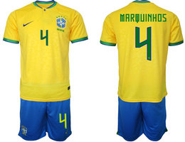 Brazil #4 MARQUINHOS Home 2022 World Cup National Soccer Jersey