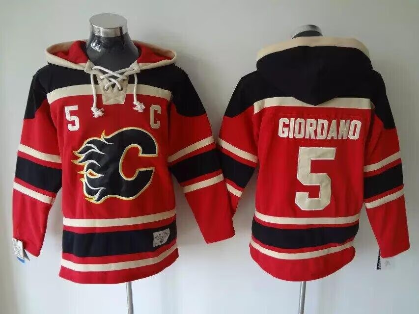 Calgary Flames #5 Mark Giordano Red Authentic Stitched NHL Hoodies