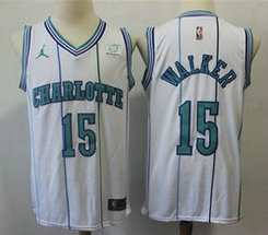 Charlotte Hornets #15 Kemba Walker White Throwback Game With Advertising Authentic Stitched NBA Jersey