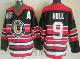 Chicago Blackhawks #9 Bobby Hull Black Red Throwback With 75TH Patch CCM Authentic Stitched NHL Jersey.jpg