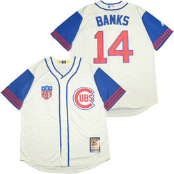 Chicago Cubs #14 Ernie Banks Cream Blue Sleeves Game 1942 Throwback Stitched Baseball Jersey