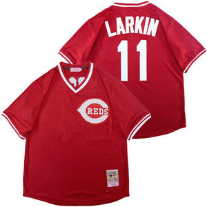 Cincinnati Reds #11 Barry Larkin Red BP Pollover Throwback Authentic Stitched MLB Jersey