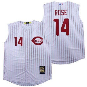 Cincinnati Reds #14 Pete Rose White Red stripe short sleeve Throwback Authentic Stitched MLB Jersey