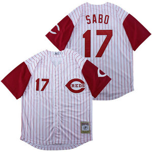 Cincinnati Reds #17 Chris Sabo White Red stripe Red sleeve Throwback Authentic Stitched MLB Jersey