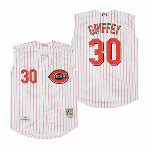 Cincinnati Reds #30 Ken Griffey White Red stripe short sleeve Throwback Authentic Stitched MLB Jersey