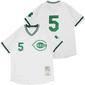 Cincinnati Reds #5 Johnny Bench White Green number Pullover Throwback Authentic Stitched MLB Jersey
