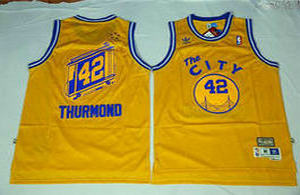 Golden State Warriors #42 Nate Thurmond Gold Throwback Hardwood Classics The City Classic Edition With Advertising patch Jersey
