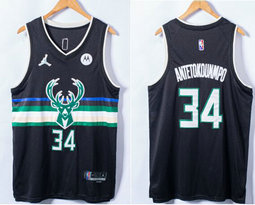 Jordan Milwaukee Bucks #34 Giannis Antetokounmpo Black 75th anniversary With Advertising Authentic Stitched NBA Jersey