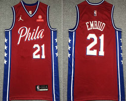 Jordan Philadelphia 76ers #21 Joel Embiid Red 75th anniversary With Advertising Authentic Stitched NBA jersey