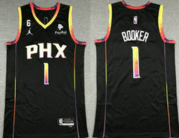 Jordan Phoenix Suns #1 Devin Booker Black 6 Patch 22-23 With Advertising Authentic Stitched NBA Jersey