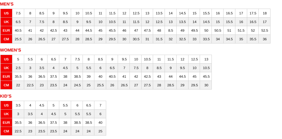 Jordan shoe size chart