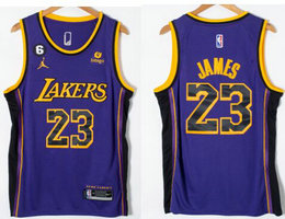 Jordon Los Angeles Lakers #23 Lebron James Purple 6 patch With Advertising Authentic Stitched NBA jersey
