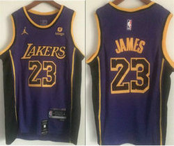 Jordon Los Angeles Lakers #23 Lebron James Purple With Advertising Authentic Stitched NBA jersey
