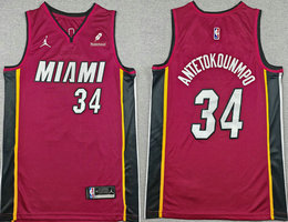 Jordon Miami Heat #34 Giannis Antetokounmpo Red With Advertising Authentic Stitched NBA Jersey