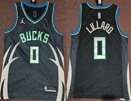 Jordon Milwaukee Bucks #0 Damian Lillard Black Authentic Stitched NBA Jersey