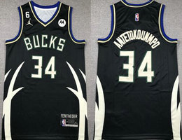 Jordon Milwaukee Bucks #34 Giannis Antetokounmpo Black 6 patch With Advertising Authentic Stitched NBA Jersey