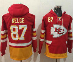 Kansas City Chiefs #87 Travis Kelce Stitched Red Gold Name & Number Pullover NFL Hoodie