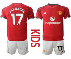 Kids 2025-26 Manchester United #17 GARNACHO Home Soccer Club Jersey