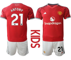 Kids 2025-26 Manchester United #21 ANTONY Home Soccer Club Jersey