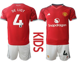 Kids 2025-26 Manchester United #4 DE LIGT Home Soccer Club Jersey
