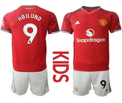 Kids 2025-26 Manchester United #9 HQJLUND Home Soccer Club Jersey