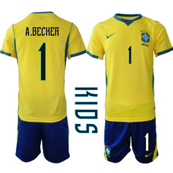 Kids Brazil #1 A.Becker Home Navy Name 2026 World Cup Soccer jersey