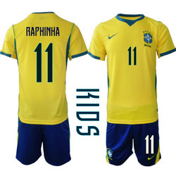 Kids Brazil #11 Raphinha Home Navy Name 2026 World Cup Soccer jersey