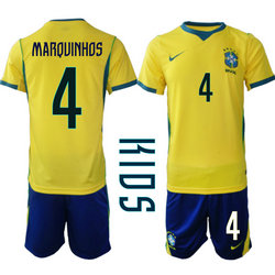 Kids Brazil #4 Marquinhos Home Navy Name 2026 World Cup Soccer jersey