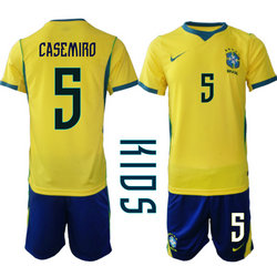 Kids Brazil #5 Casemiro Home Navy Name 2026 World Cup Soccer jersey