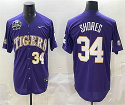LSU Tigers #34 Chase Shores Purple 2025 World Series SEC Patch Stitched Baseball Jersey