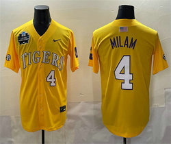 LSU Tigers #4 Steven Milam Gold 2025 World Series SEC Patch Stitched Baseball Jersey