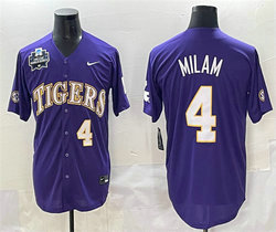 LSU Tigers #4 Steven Milam Purple 2025 World Series SEC Patch Stitched Baseball Jersey