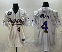 LSU Tigers #4 Steven Milam White Pinstripe 2025 World Series SEC Patch Stitched Baseball Jersey