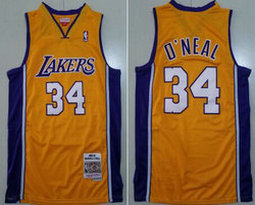 Los Angeles Lakers #34 Shaquille O'Neal Gold Classics Authentic Stitched NBA Jersey