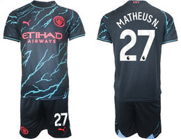 Manchester City 2023-24 #27 MATHEUSN Away Blue Soccer Club Jersey