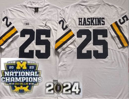 Michigan Wolverines #25 Hassan Haskins White With 2023 National Champions Patch Stitched Jersey