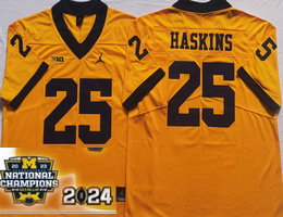 Michigan Wolverines #25 Hassan Haskins Yellow With 2023 National Champions Patch Stitched Jersey