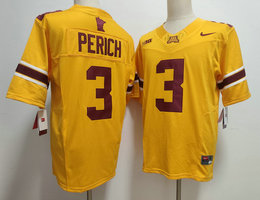 Minnesota Golden Gophers #3 Koi Perich Gold Authentic Stitched NCAA Jersey