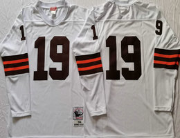 Mitchell And Ness Cleveland Browns #19 Bernie Kosar White Long sleeve Throwback Authentic Stitched NFL Jersey