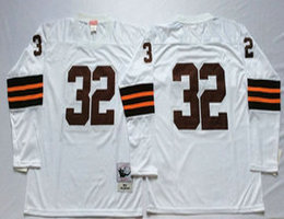 Mitchell And Ness Cleveland Browns #32 Jim Brown White Long Sleeve Throwback Authentic Stitched NFL Jersey